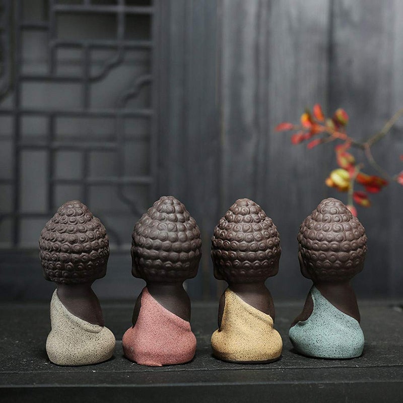 Kingzhuo Set of 4 Ceramic Little Cute Small Buddha Statue Monk Figurine Creative Baby Crafts Dolls Ornaments Gift Classic Delicate Ceramic Arts and Crafts Tea Accessories 4 Pcs (4 x 8.4 CM) - Image 2